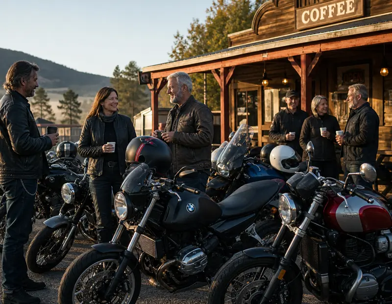 Riders chatting outside a coffee stop