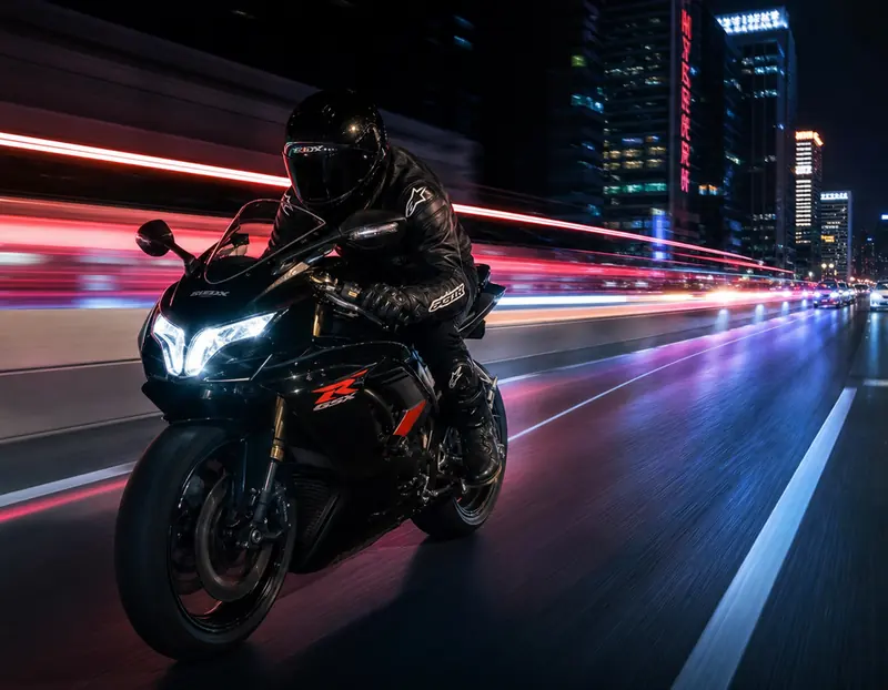 A rider streaking through a city at night